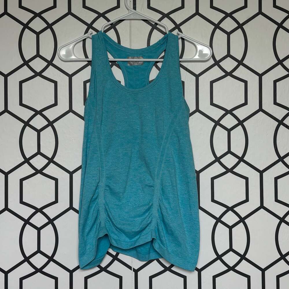 Athleta Fastest Track Tank Top Teal Blue Ruched Racerback Size L